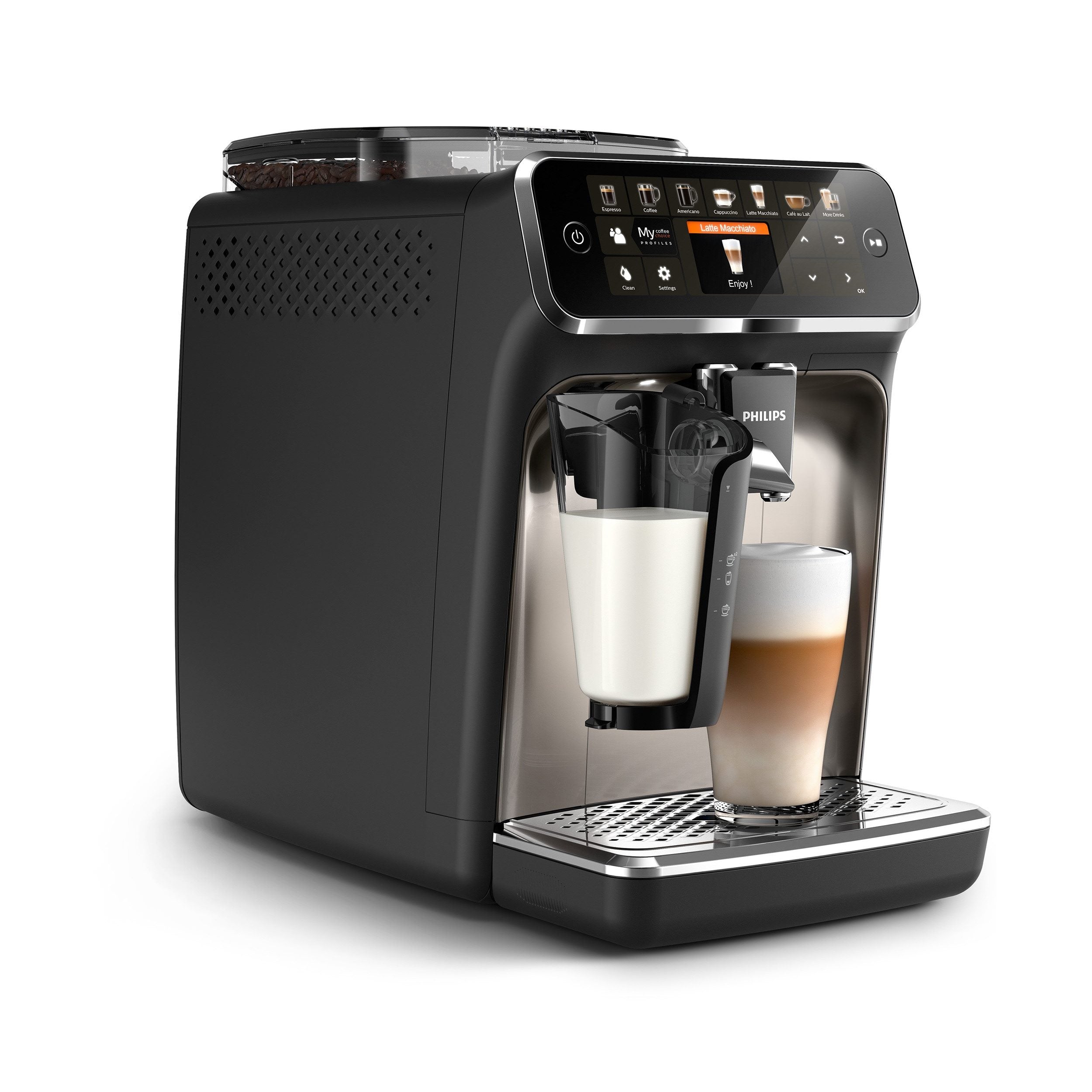 Philips Kaffeevollautomat EP5447/90 Serie 5400 | LatteGo Milchsystem | 12 Kaffeespezialitäten | Keramikmahlwerk | Schwarz/Chrom