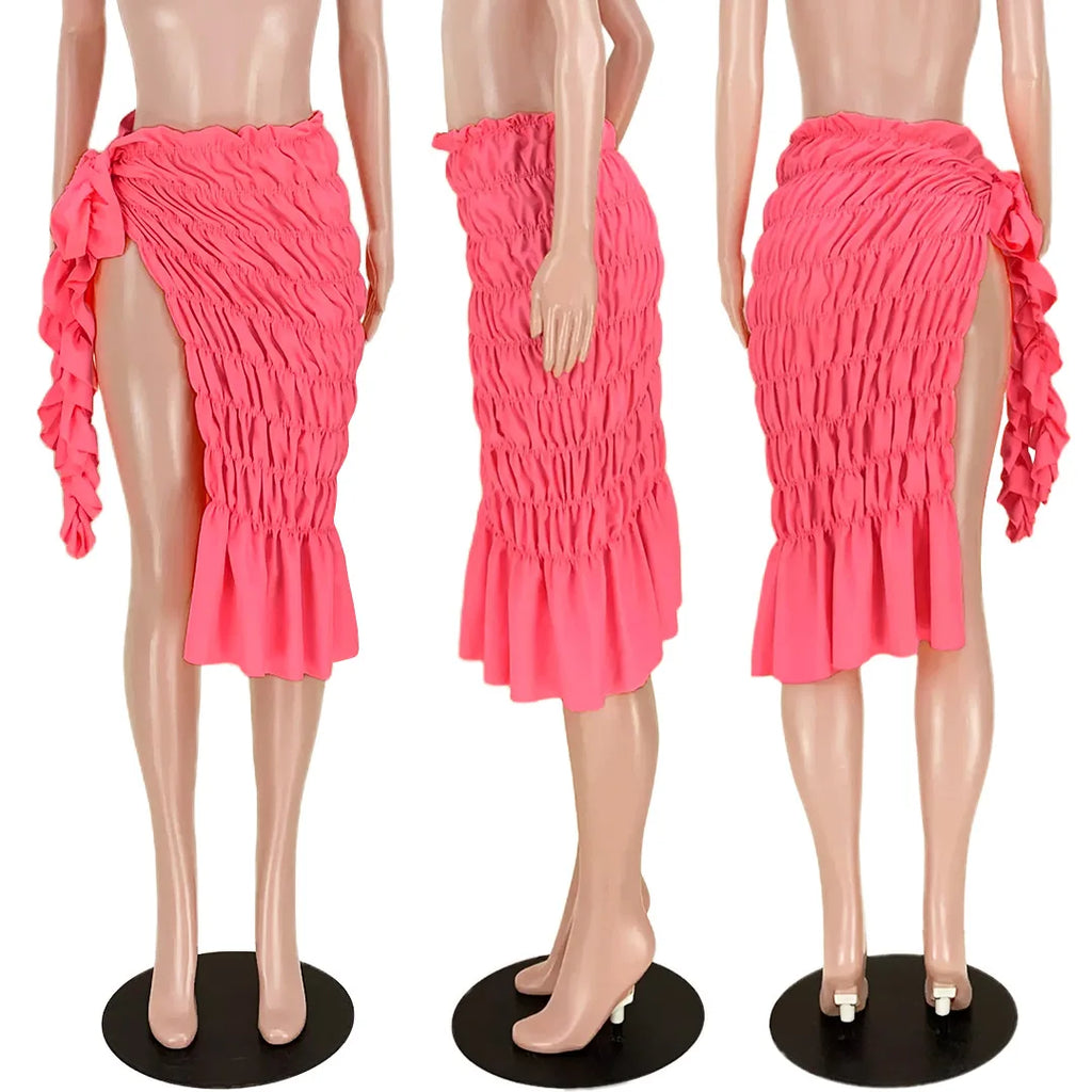 Neon Split Stretch Pleated Wrap Skirt Women Clothing 2025 Fashion Sexy Summer Beach Vacation Midi Skirts