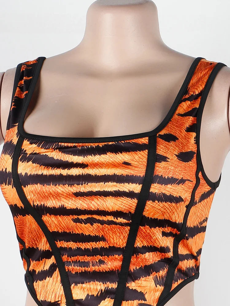 Sexy Print Tiger Leopard Skirt Set Summer Women Sleeveless Tank Top And Ankle Length Skirt Suits Clubwear Outfits
