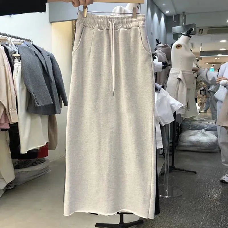 Spring Solid Straight Slit Skirts Womens Comfortable Elastic Design Mujer Faldas